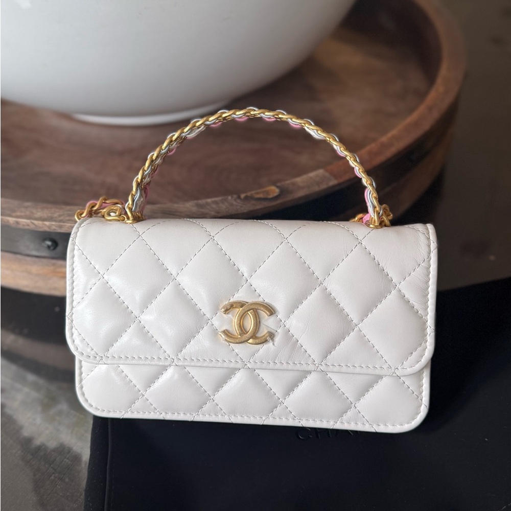 CHANEL White Quilted Mini Bag with Gold Accents